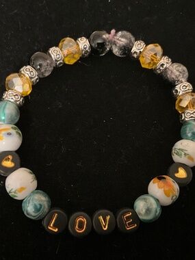 Handmade LOVE Beaded Stretch Bracelet-Teal, Yellow & Crystal-Gold Lettering-5.5"